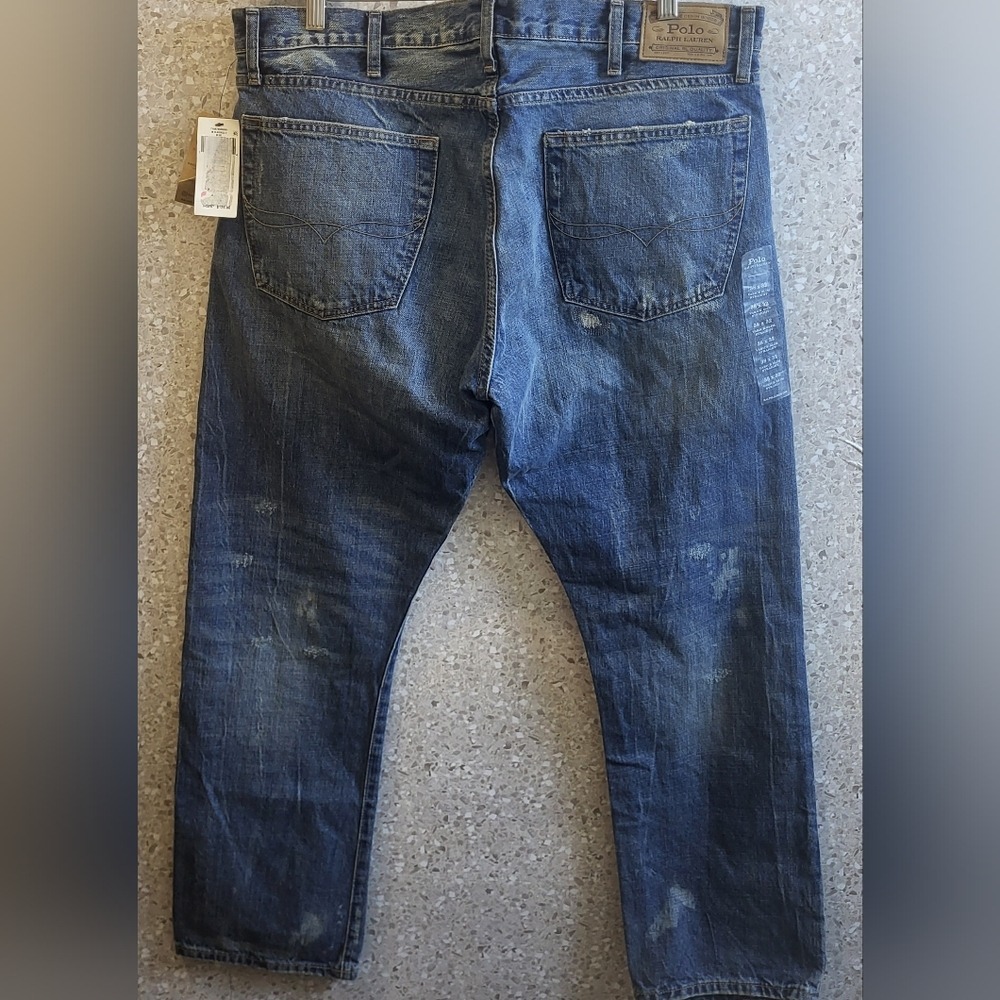 Polo Ralph Lauren Varick Slim Straight Mens Jeans 38x32 Medium Wash Distressed - Picture 6 of 14